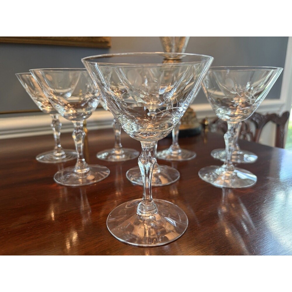8 Vintage Fostoria Sweetheart Rose Crystal Champagne Coupes/Tall Sherbet Glasses